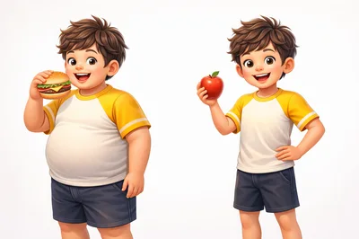 Cartoon Boy Choosing Between A Burger And An Apple
