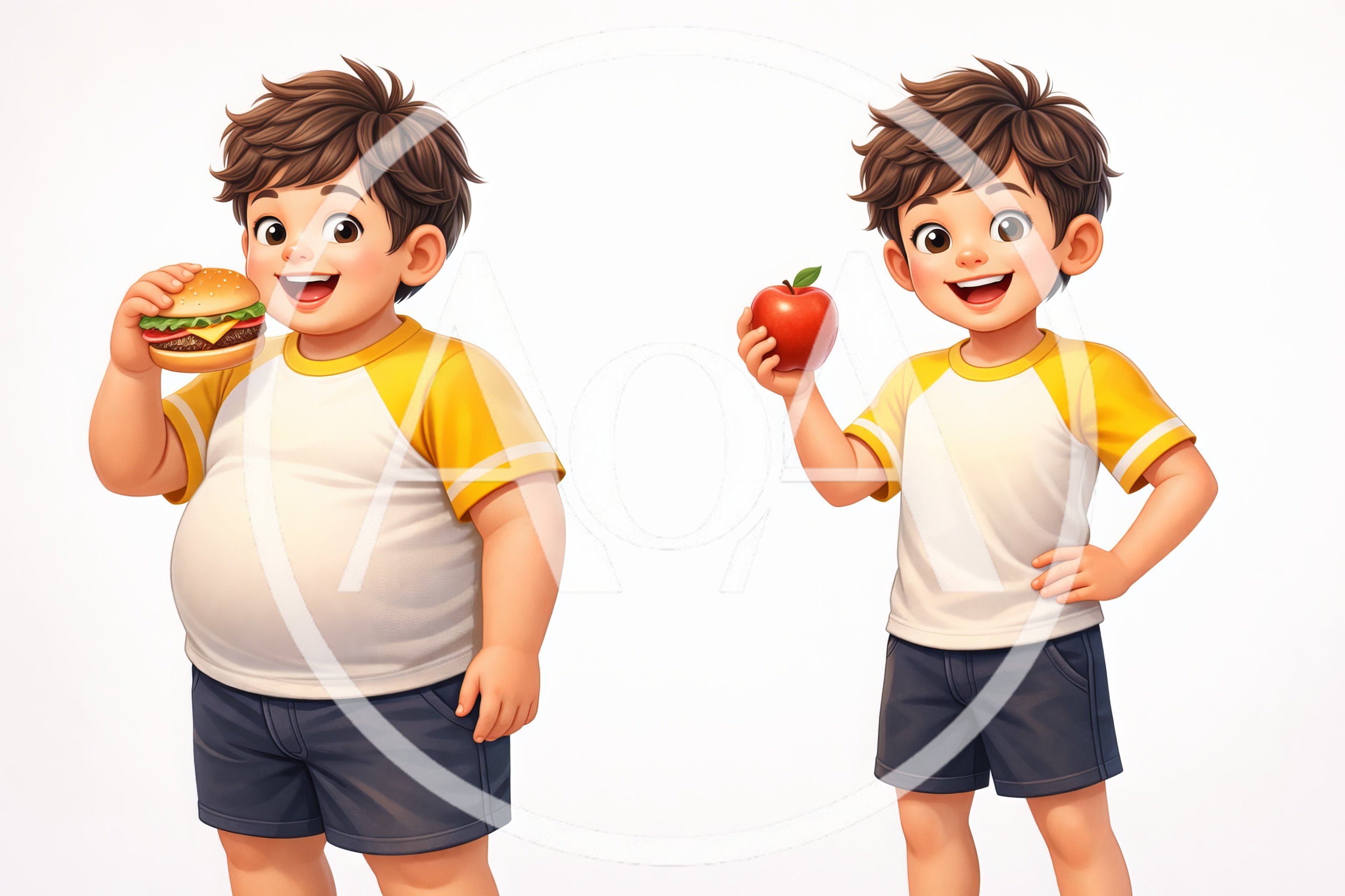 Cartoon Boy Choosing Between A Burger And An Apple