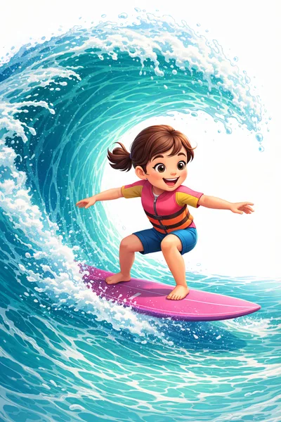 Cartoon Girl Surfing On A Large Ocean Wave