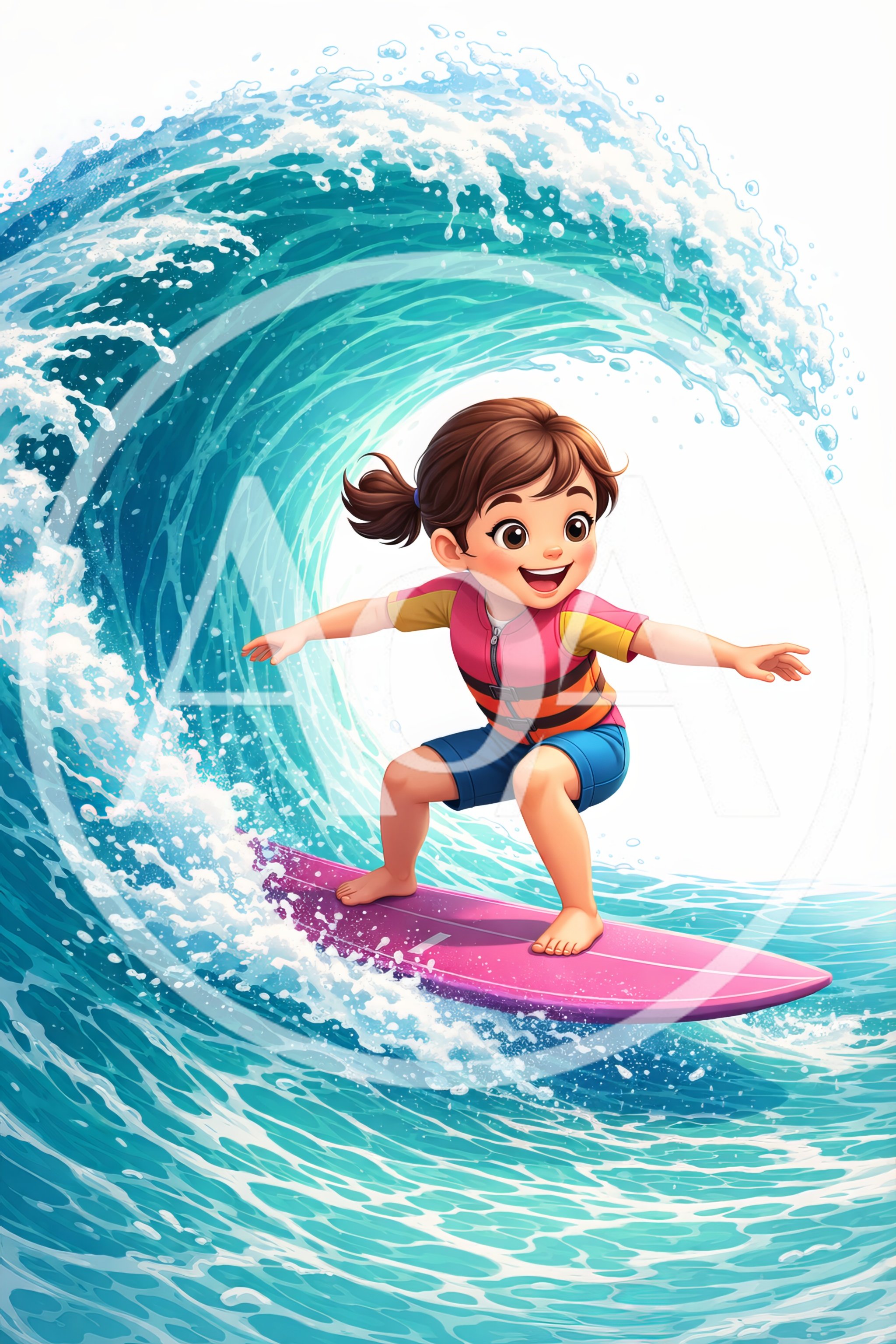Cartoon Girl Surfing On A Large Ocean Wave
