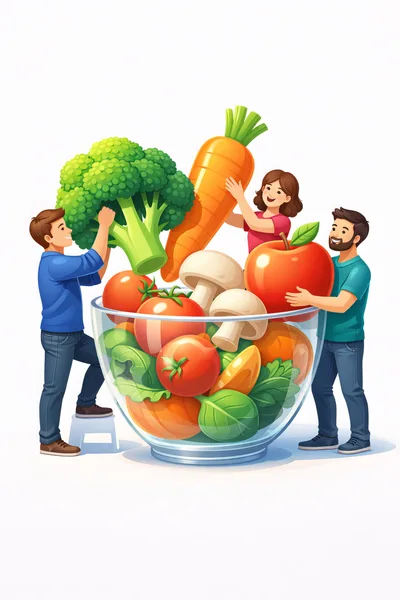 People Preparing A Large Healthy Vegetable Salad
