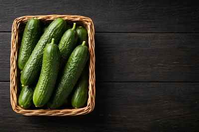 Fresh Green Cucumbers in a Wicker Basket