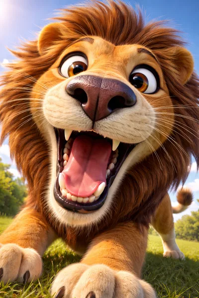 Playful Cartoon Lion Pouncing In A Sunny Meadow