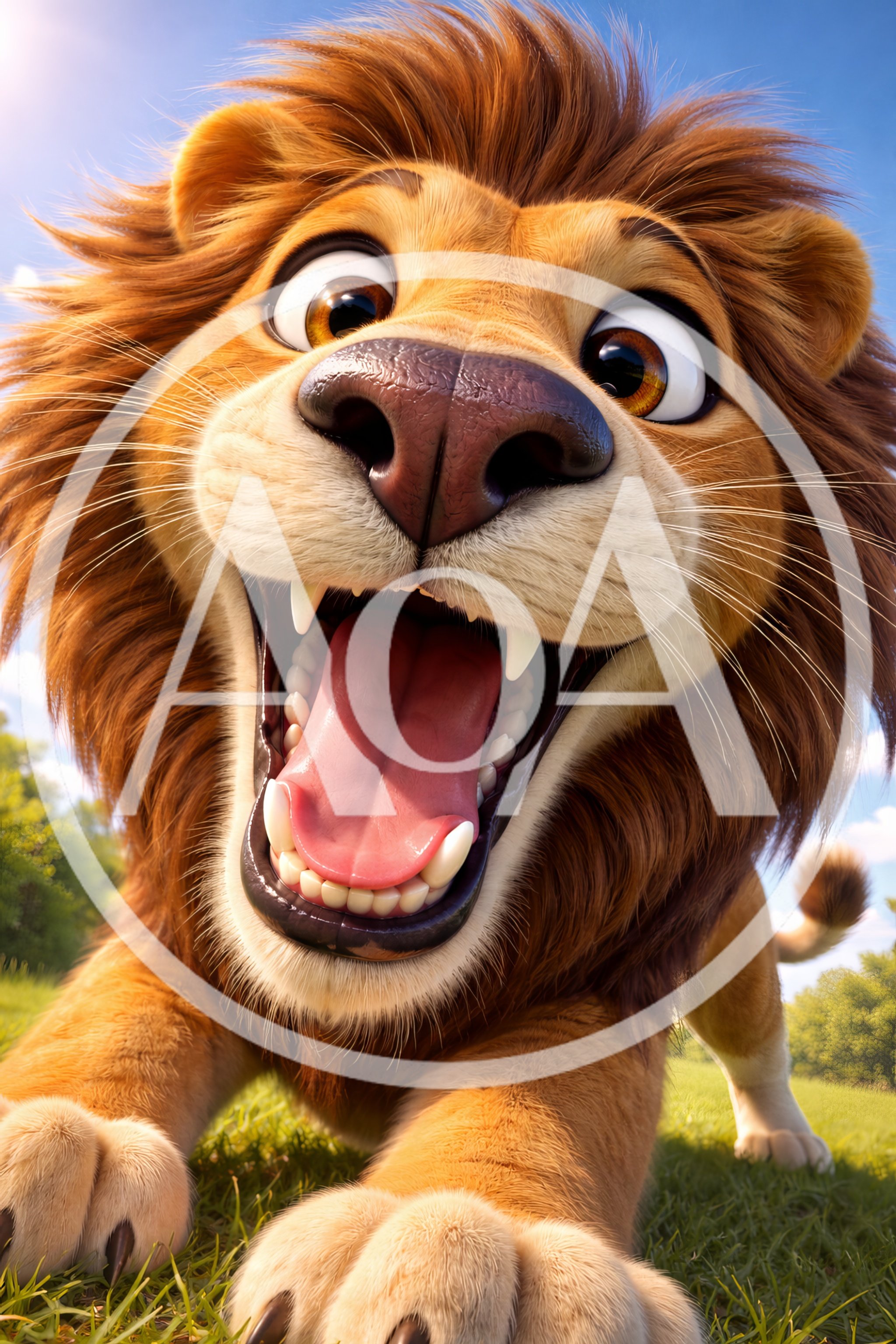 Playful Cartoon Lion Pouncing In A Sunny Meadow