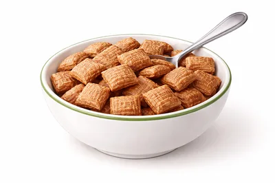 Bowl Of Crunchy Square Breakfast Cereal With Spoon