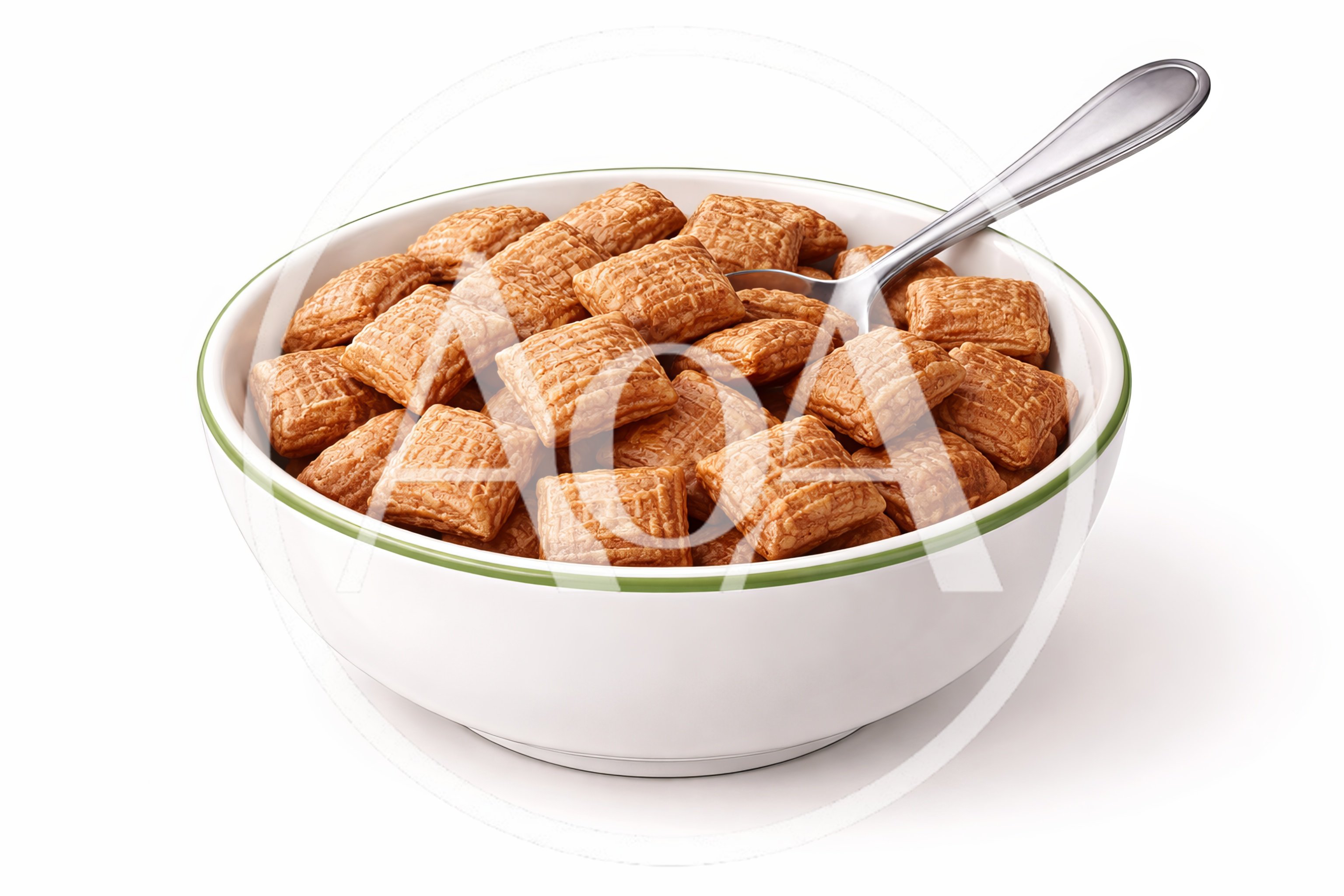 Bowl Of Crunchy Square Breakfast Cereal With Spoon