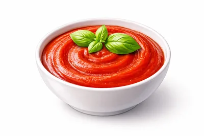 Bowl Of Tomato Sauce With Fresh Basil Leaves