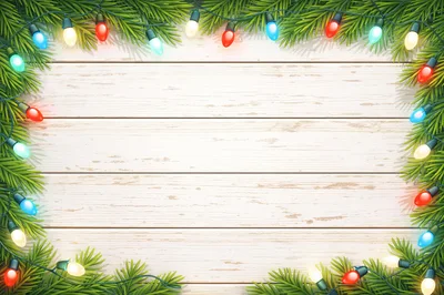 Christmas Lights Border on Rustic White Wood Background