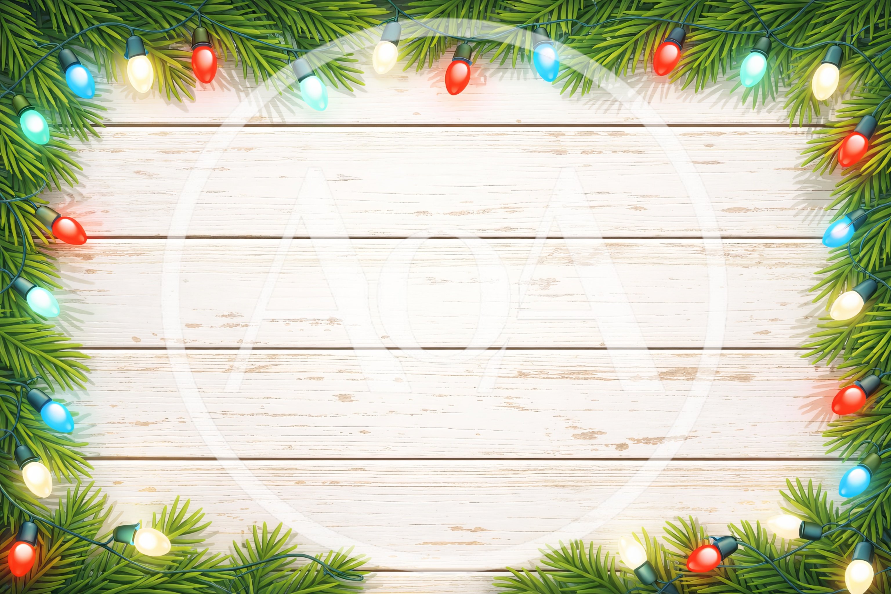 Christmas Lights Border on Rustic White Wood Background