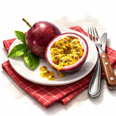 Fresh Passion Fruit Halves On A White Plate