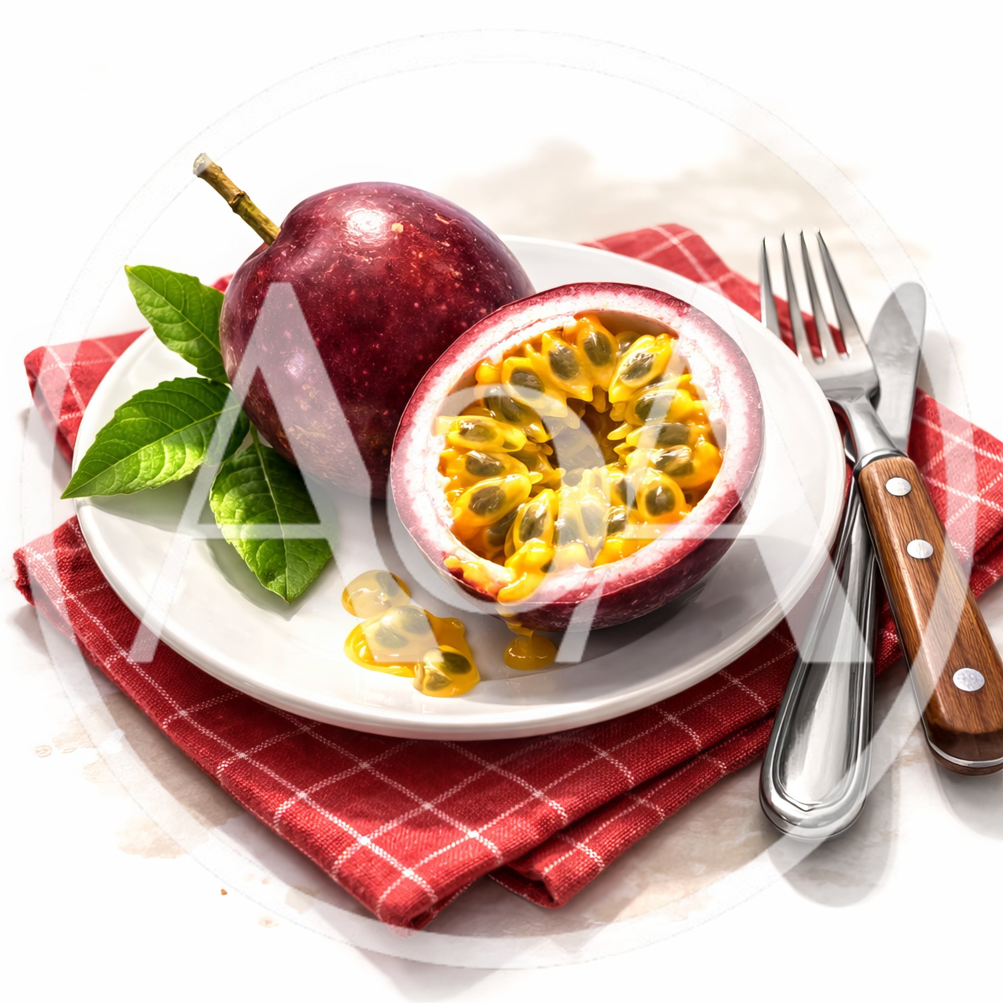 Fresh Passion Fruit Halves On A White Plate