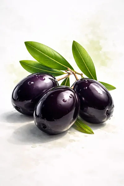 Three Fresh Black Olives With Green Leaves