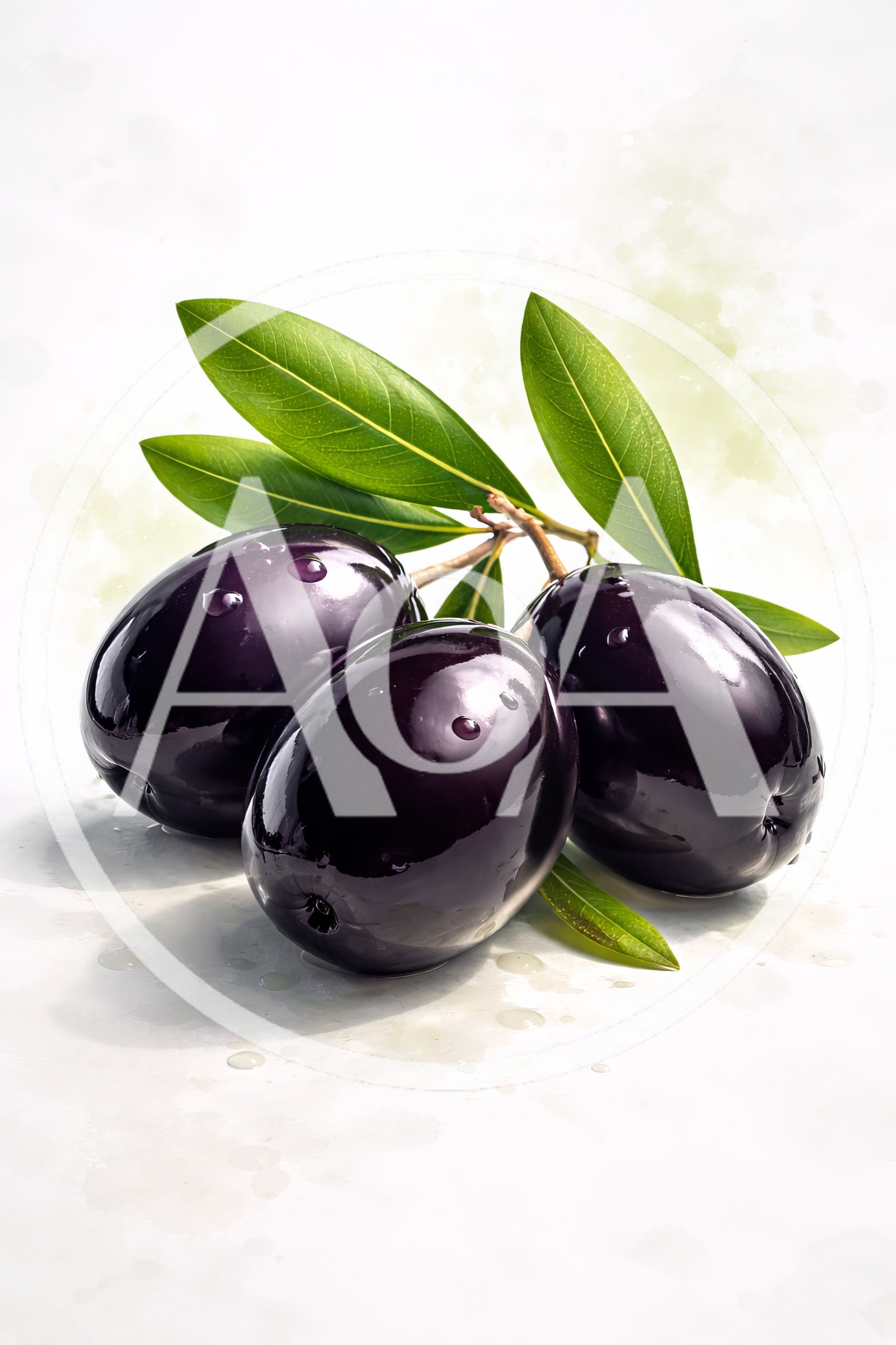 Three Fresh Black Olives With Green Leaves