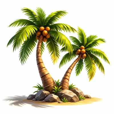 Two Tropical Palm Trees With Coconuts On A Sandy Island