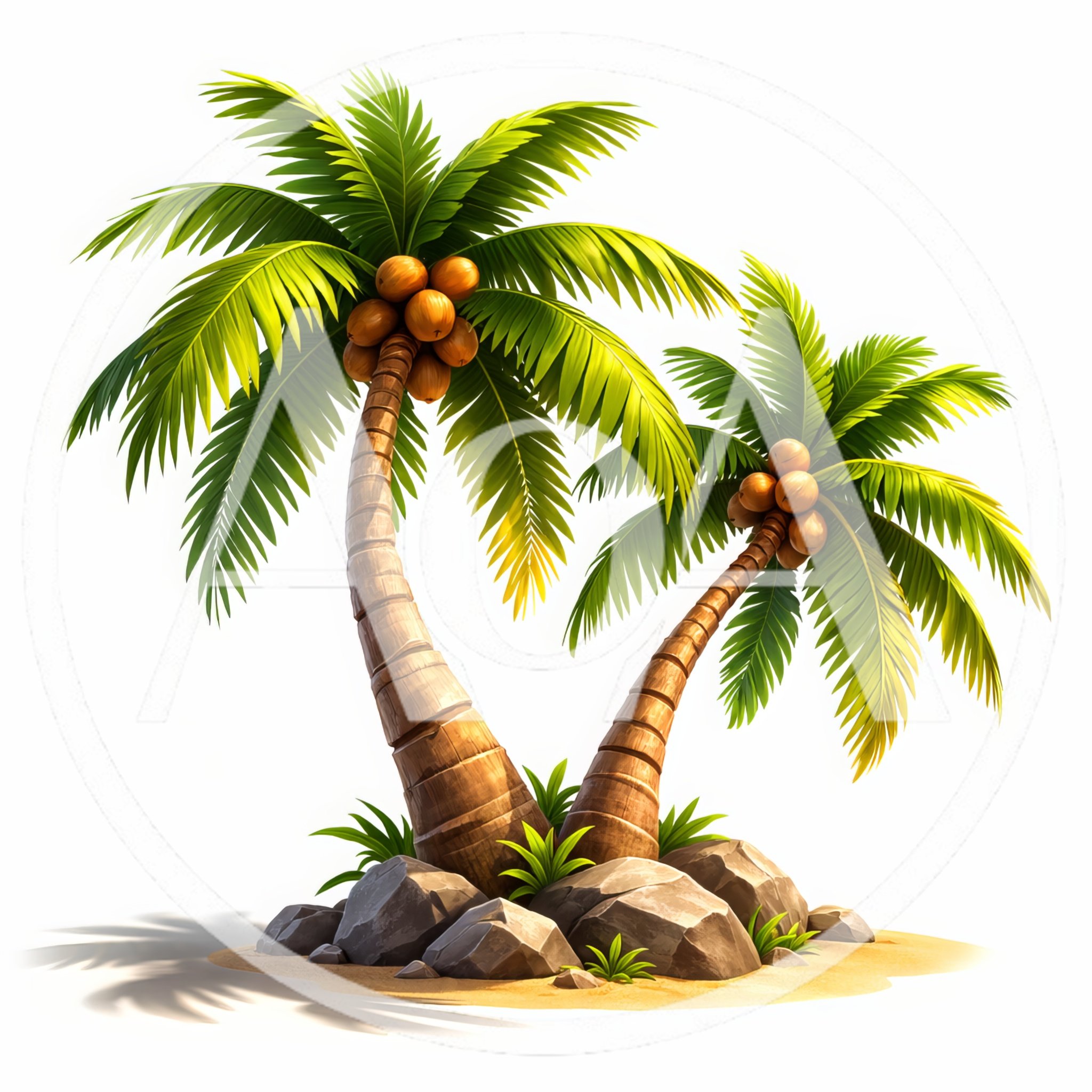 Two Tropical Palm Trees With Coconuts On A Sandy Island