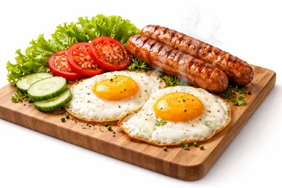 Grilled Sausages and Fried Eggs Breakfast Platter