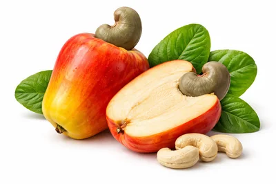 Fresh Cashew Fruits and Nuts on White Background