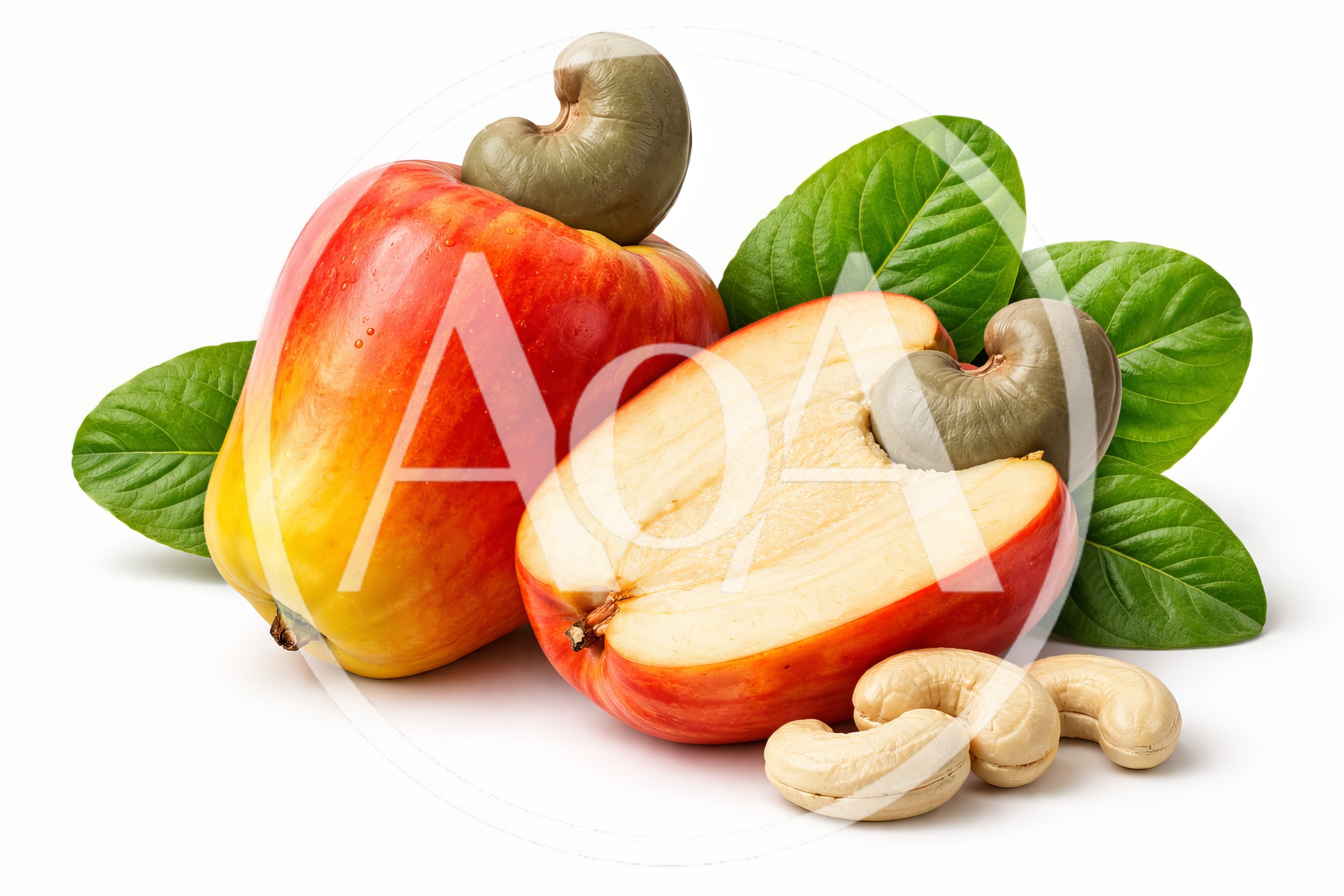 Fresh Cashew Fruits and Nuts on White Background