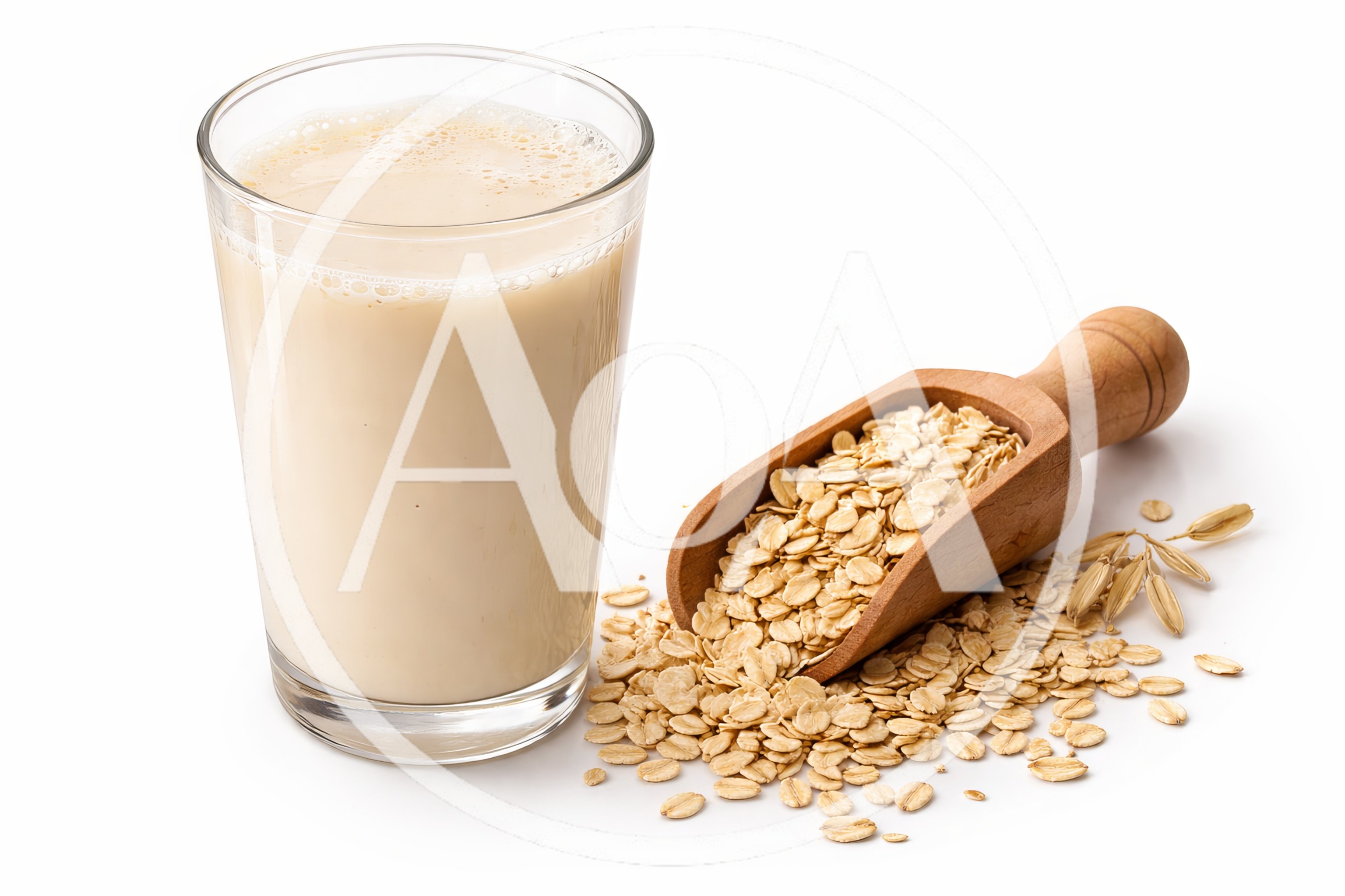 Glass Of Oat Milk With Rolled Oats In Wooden Scoop
