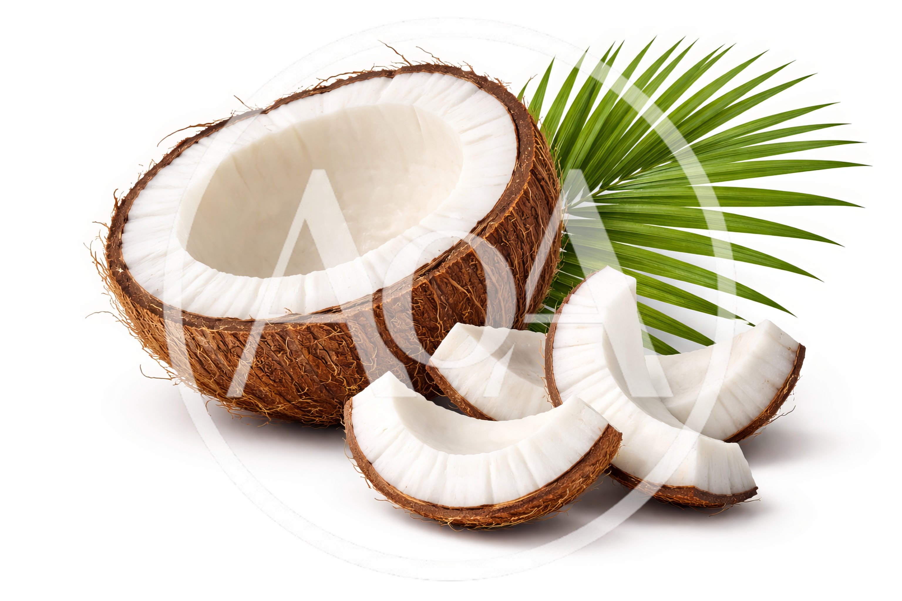 Fresh Coconut Half With Slices And Palm Leaf