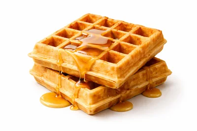 Stack of Golden Waffles with Dripping Maple Syrup