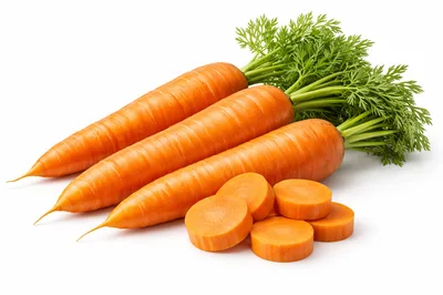 Three Fresh Carrots With Green Tops And Slices