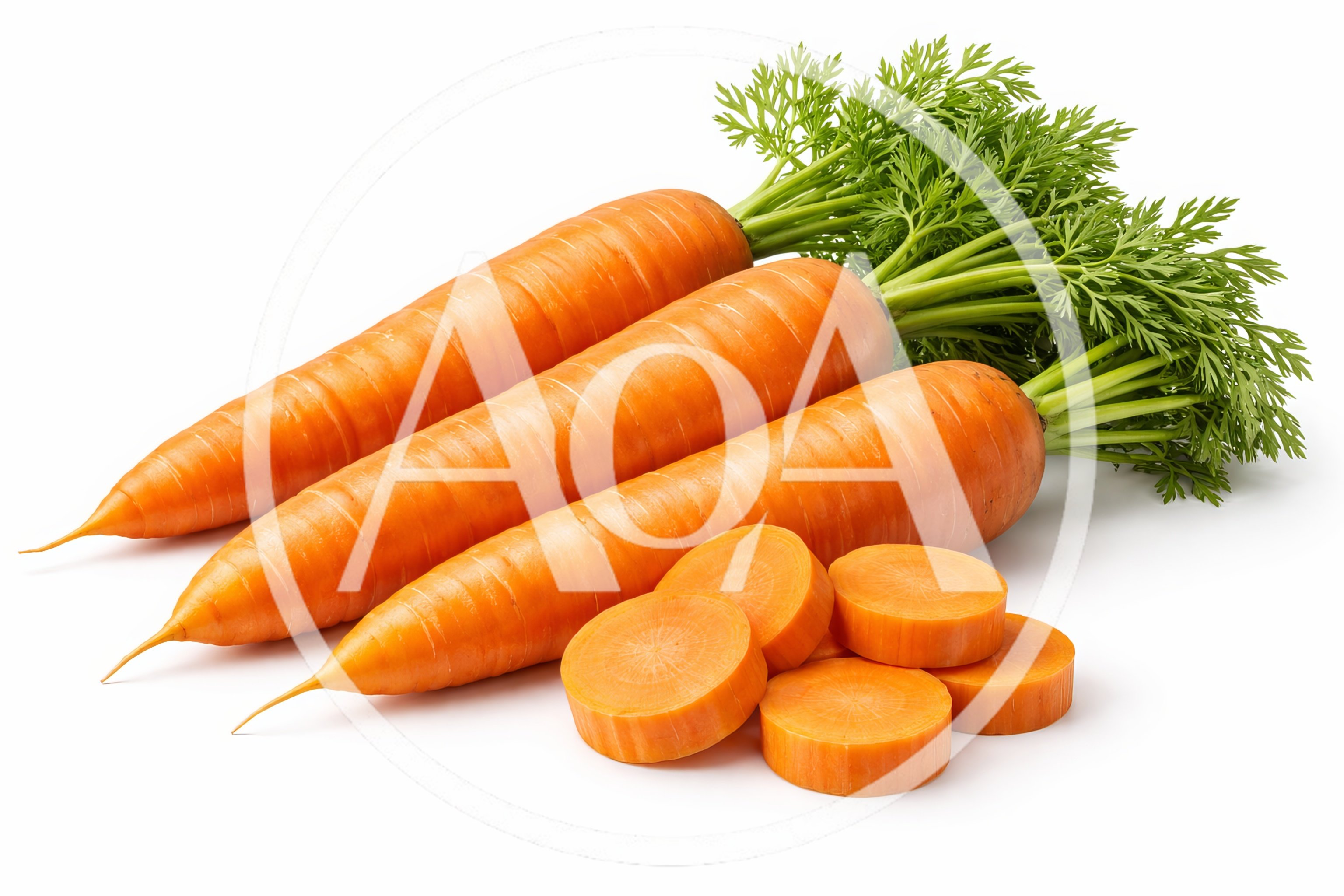 Three Fresh Carrots With Green Tops And Slices