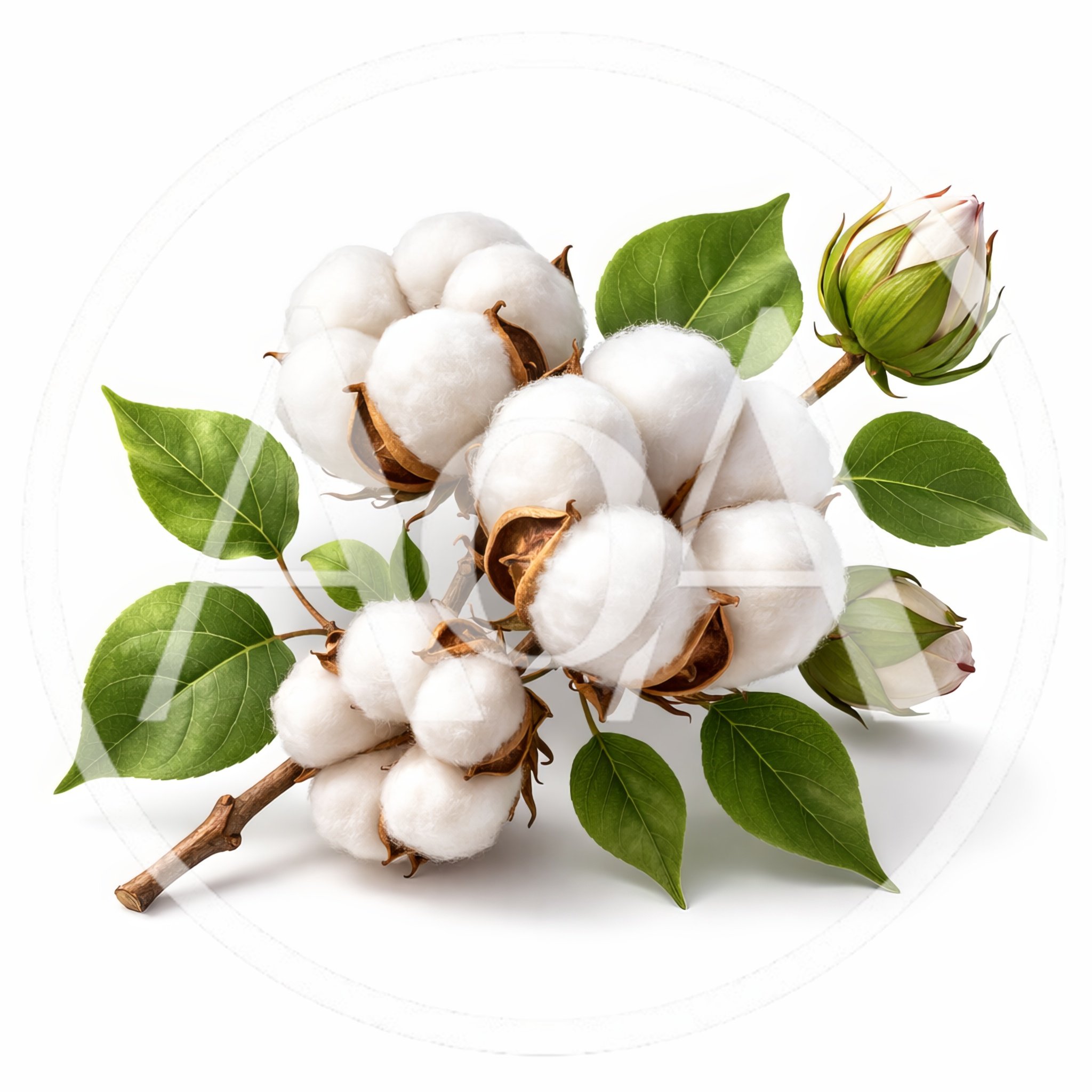 Cotton Plant Branch With Fluffy Bolls And Green Leaves