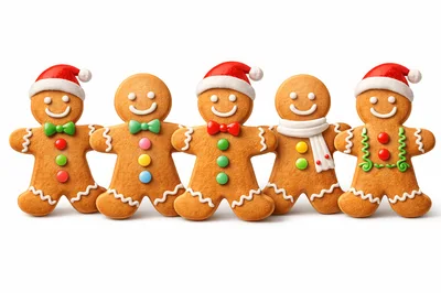 Five Decorated Gingerbread Men Standing In A Row