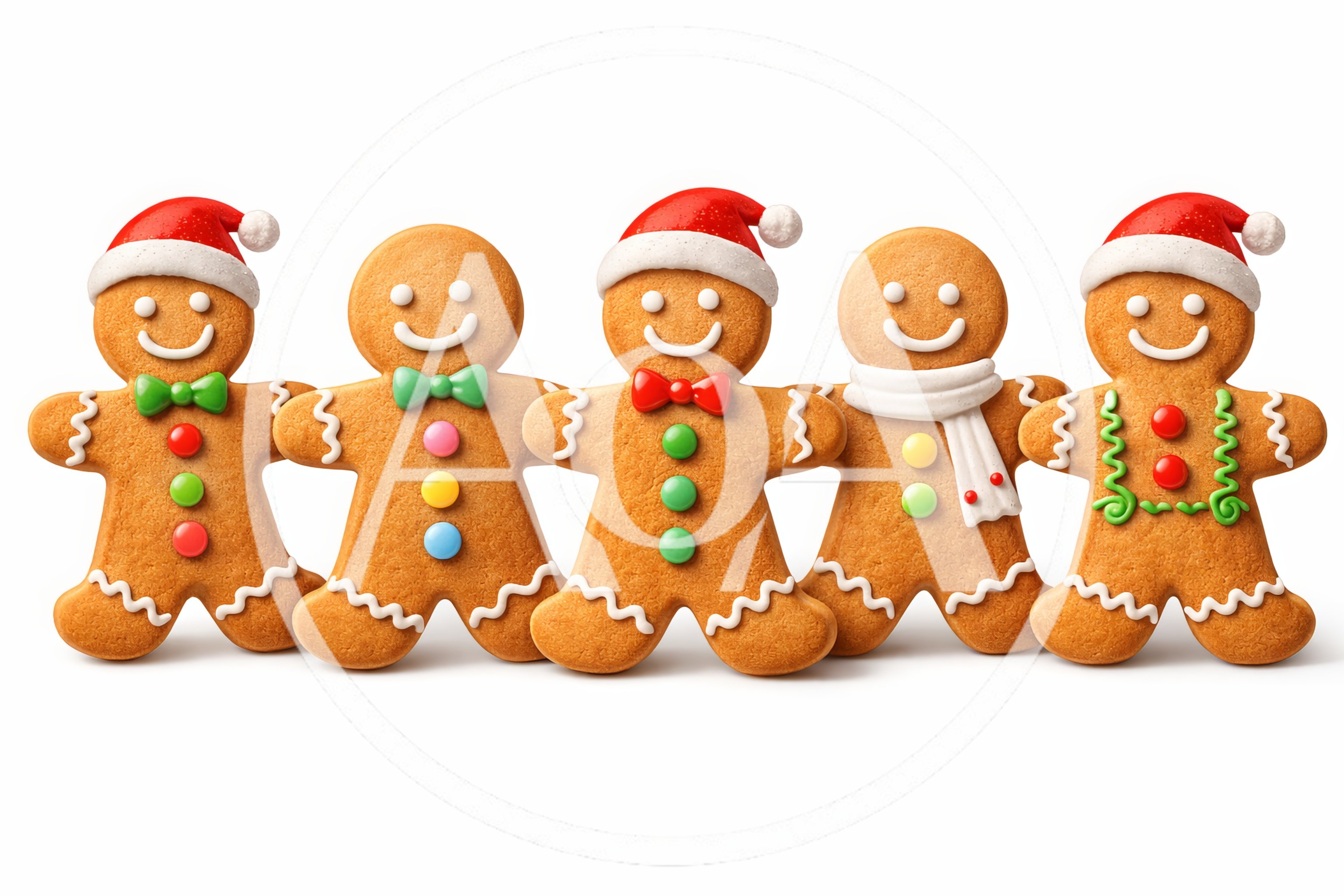 Five Decorated Gingerbread Men Standing In A Row