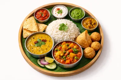 Traditional Indian Thali Platter With Rice And Curries