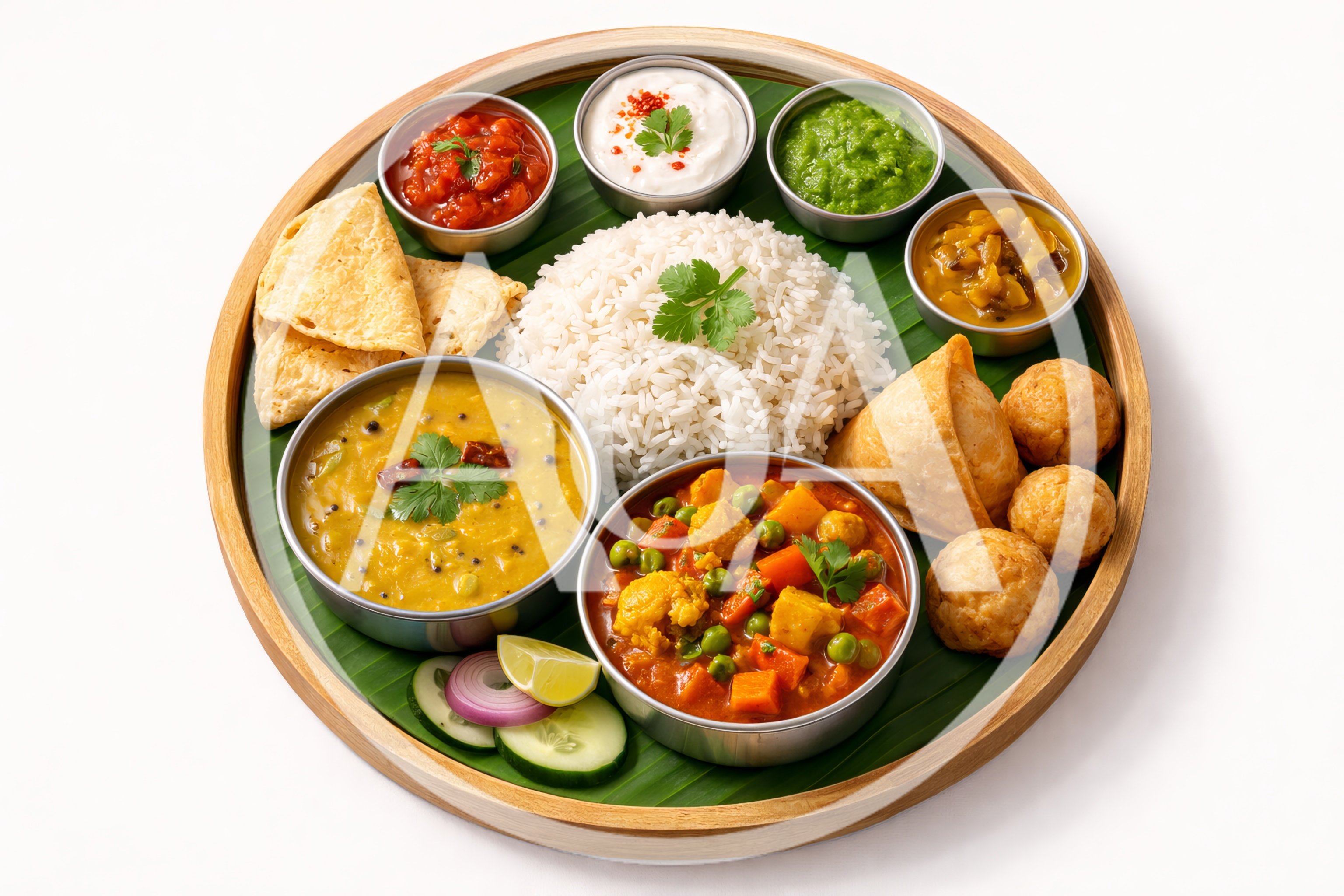 Traditional Indian Thali Platter With Rice And Curries