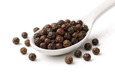 White Spoon Filled With Whole Black Peppercorns