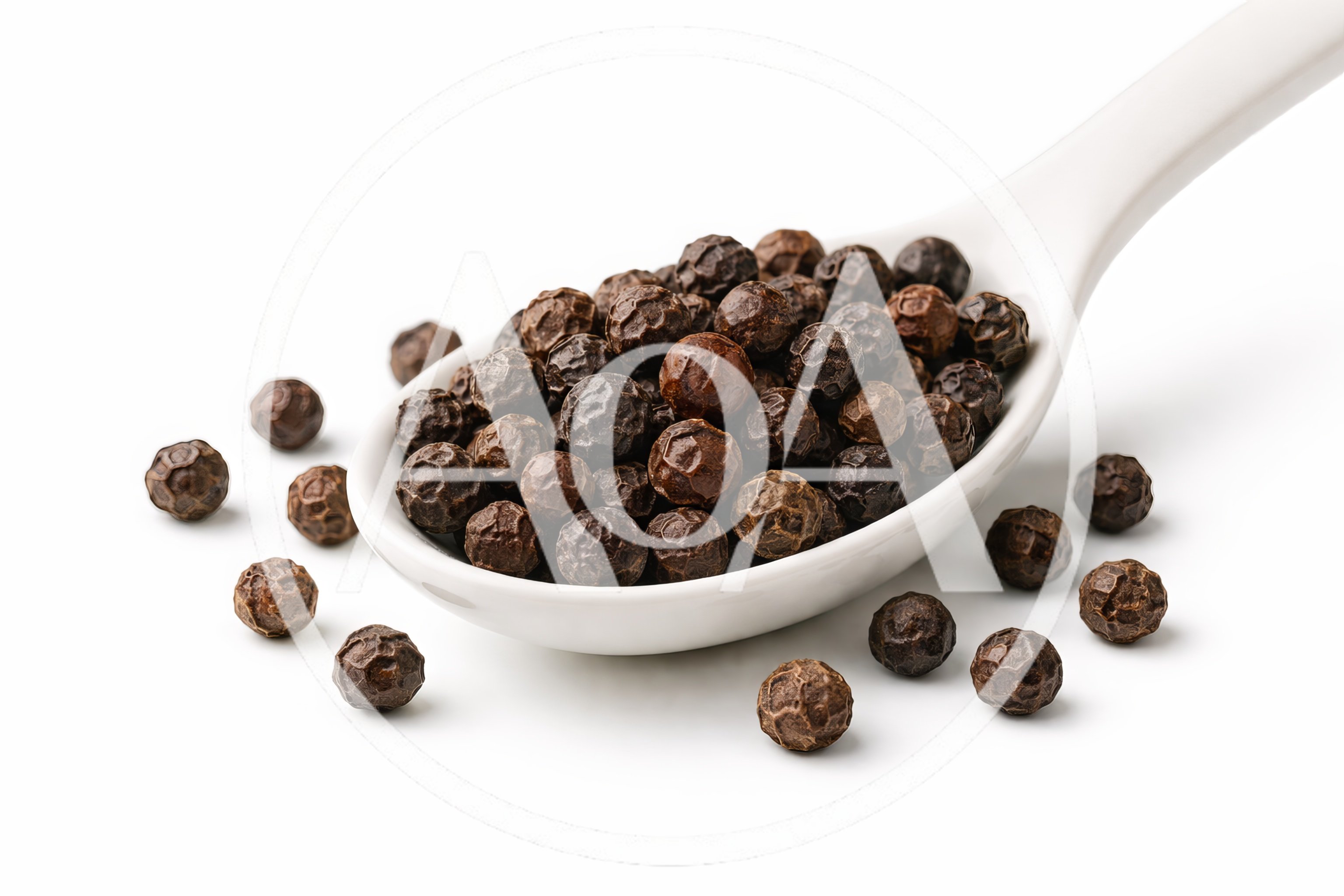 White Spoon Filled With Whole Black Peppercorns