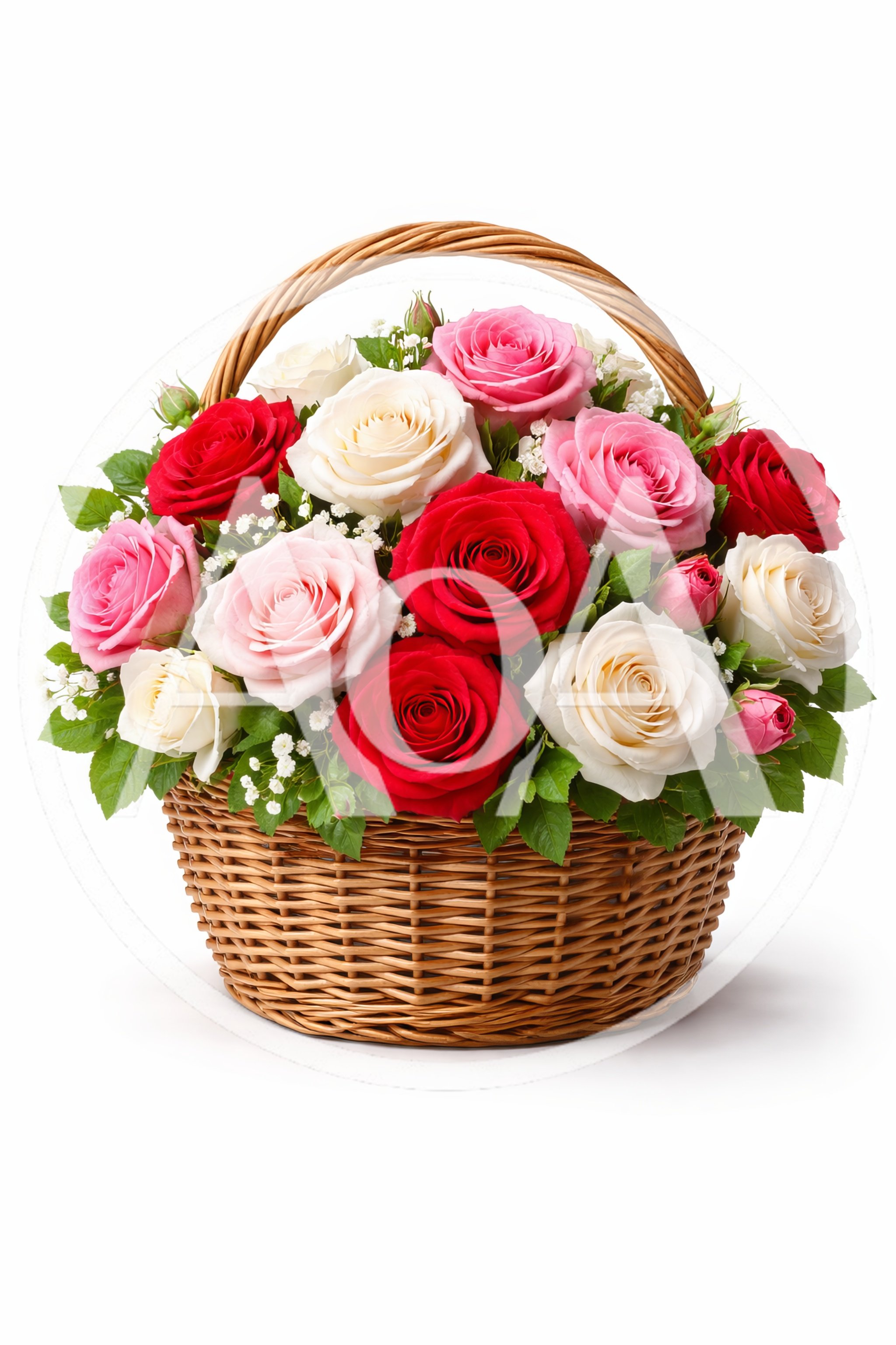 Wicker Basket Filled With Colorful Roses