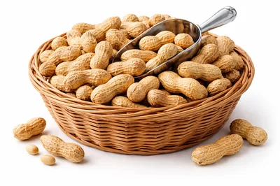 Wicker Basket Filled With Raw Peanuts And Metal Scoop