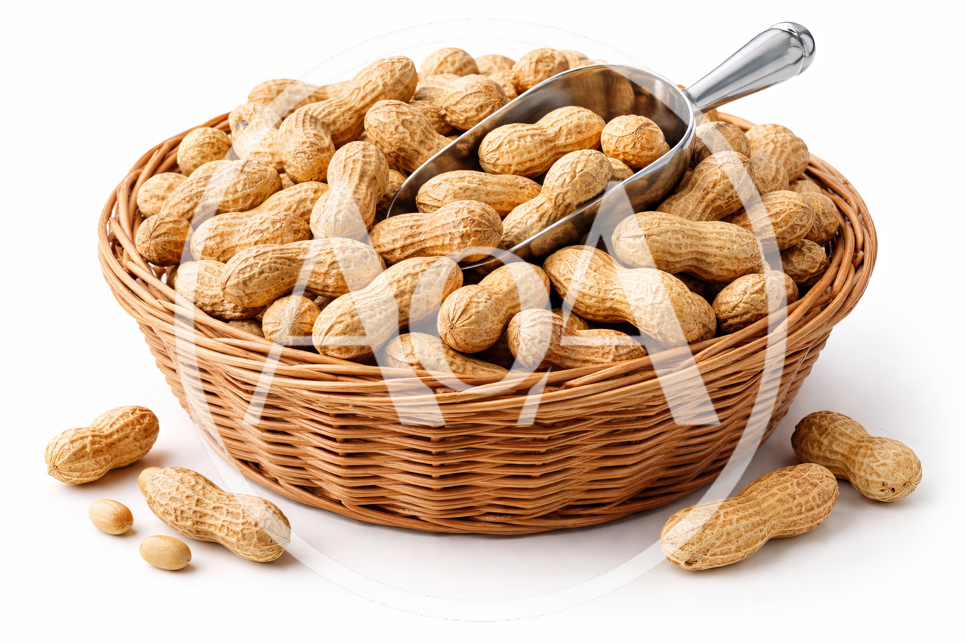 Wicker Basket Filled With Raw Peanuts And Metal Scoop