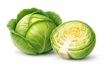 Fresh Whole And Halved Green Cabbage