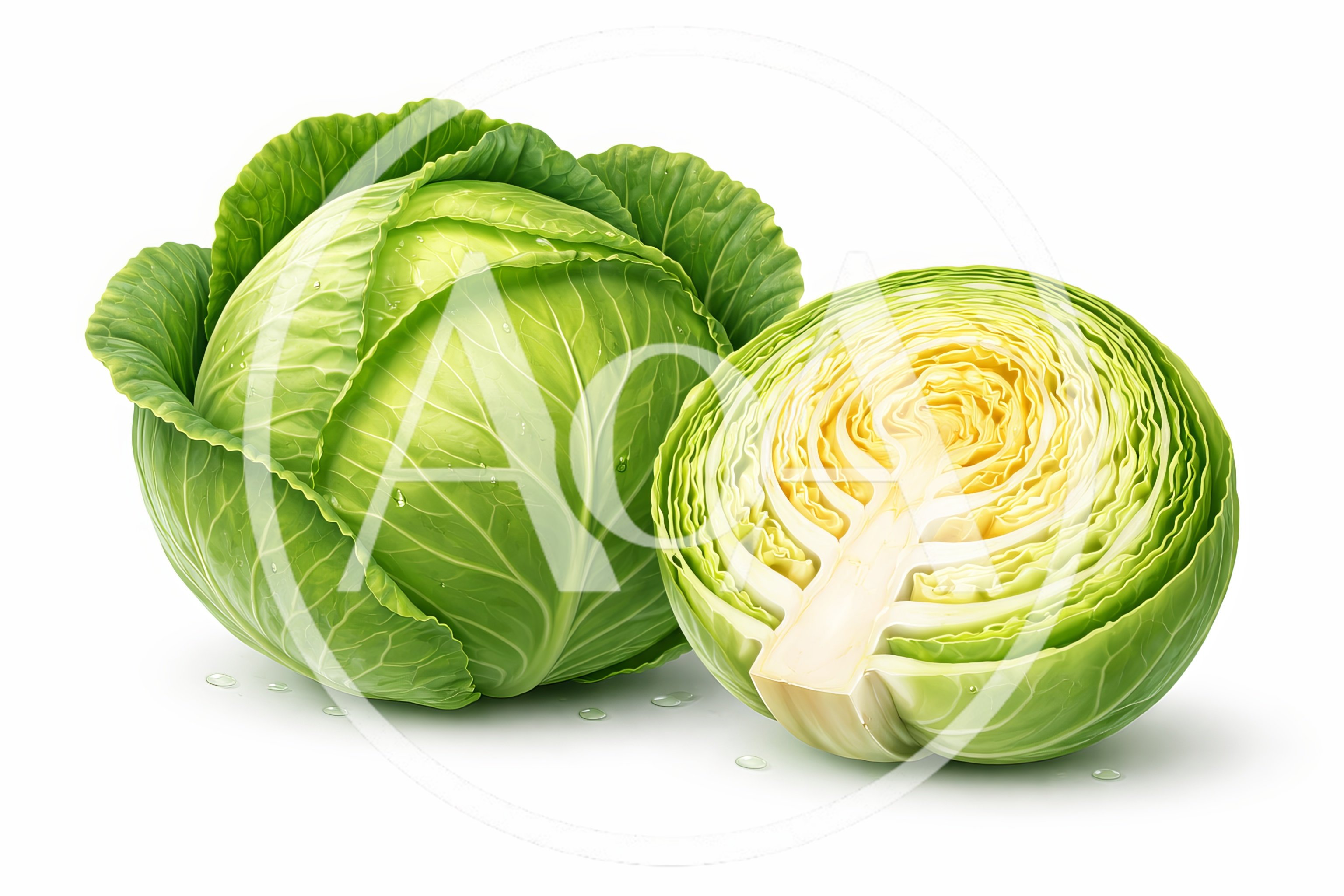 Fresh Whole And Halved Green Cabbage