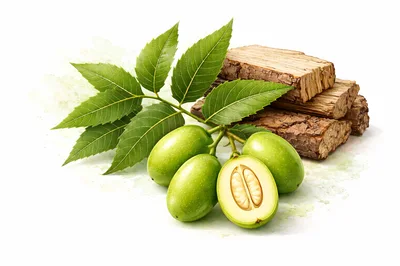 Neem Leaves Fruits and Wood Bark Pieces