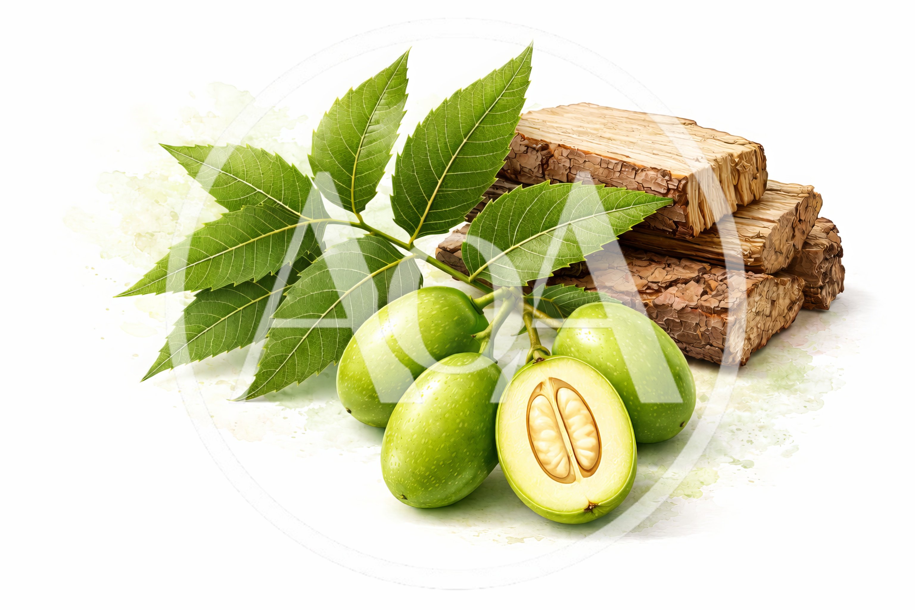Neem Leaves Fruits and Wood Bark Pieces