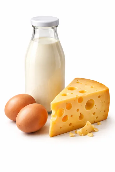 Fresh Dairy Products and Eggs on White Background