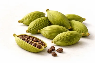 Fresh Green Cardamom Pods and Seeds on White Background