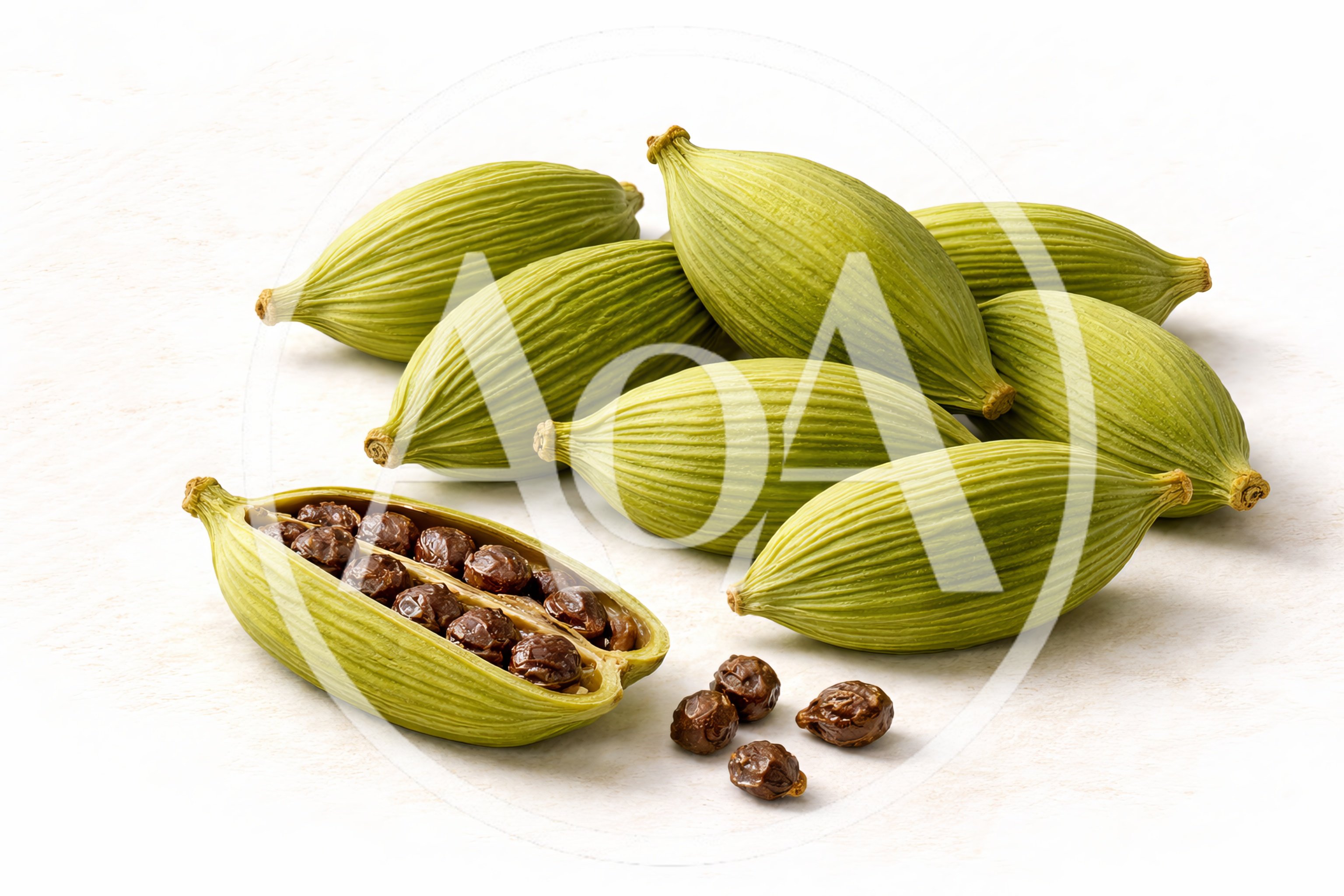 Fresh Green Cardamom Pods and Seeds on White Background