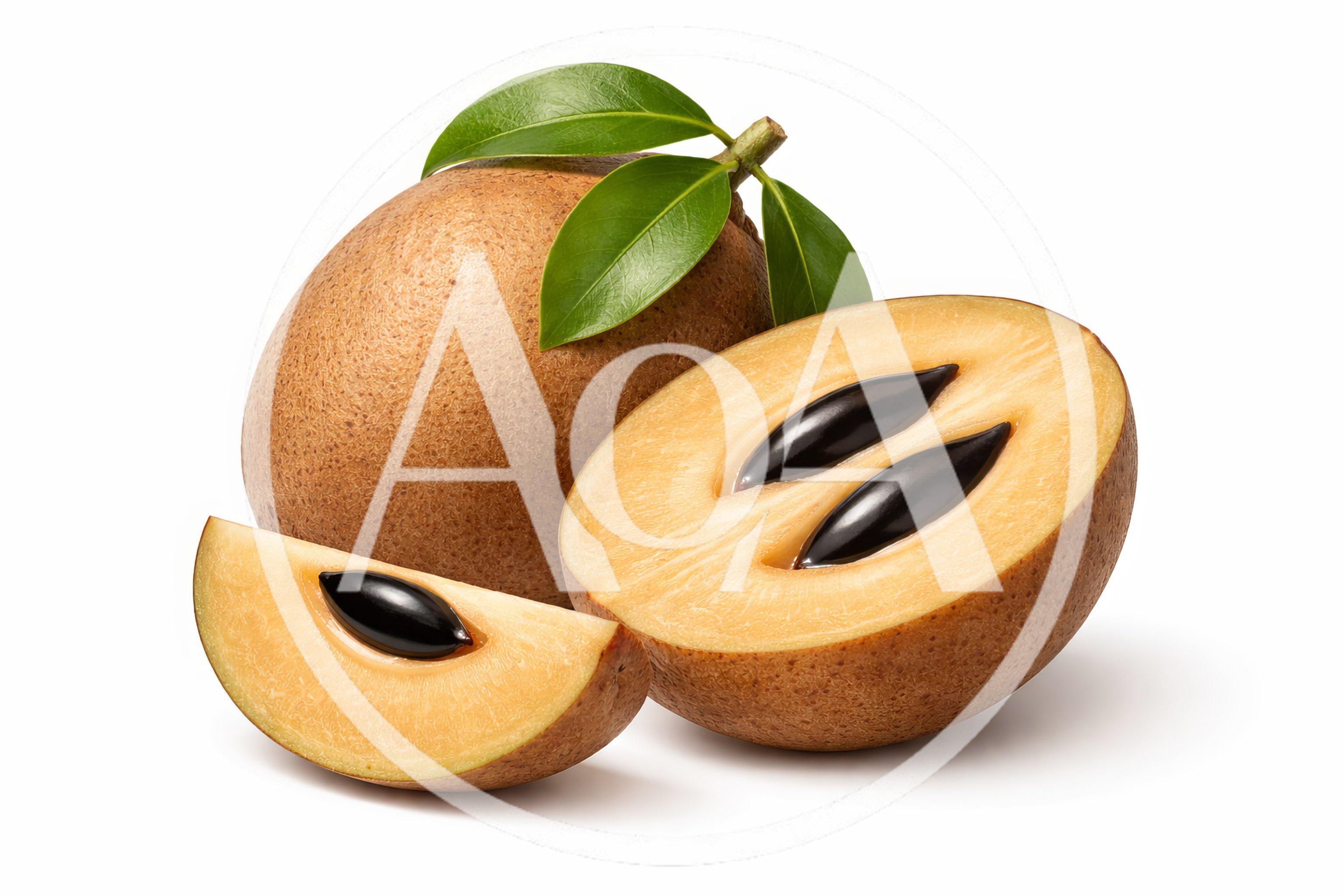 Whole and Sliced Sapodilla Fruit with Leaves
