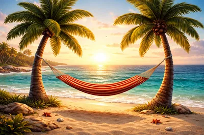 Empty Hammock Between Two Palm Trees At Sunset