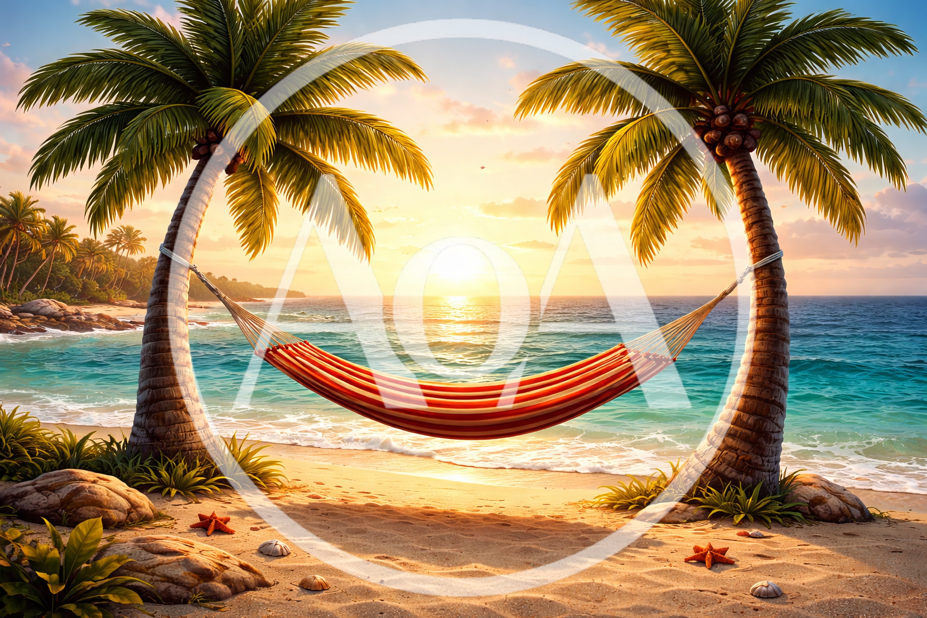 Empty Hammock Between Two Palm Trees At Sunset