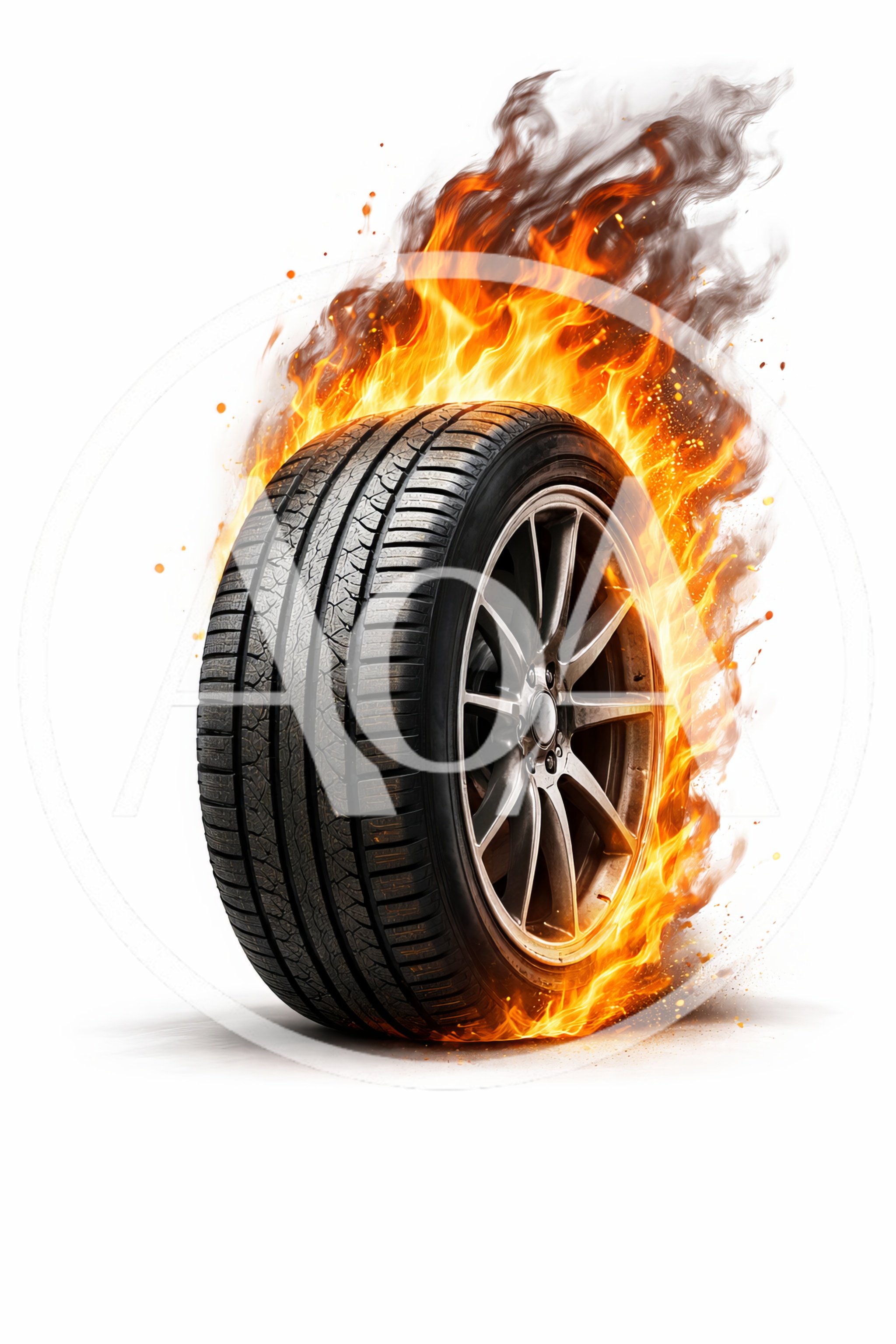 Burning Car Tire Engulfed In Intense Flames
