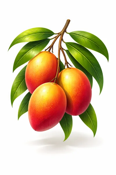 Three Ripe Mangoes Hanging From A Leafy Branch
