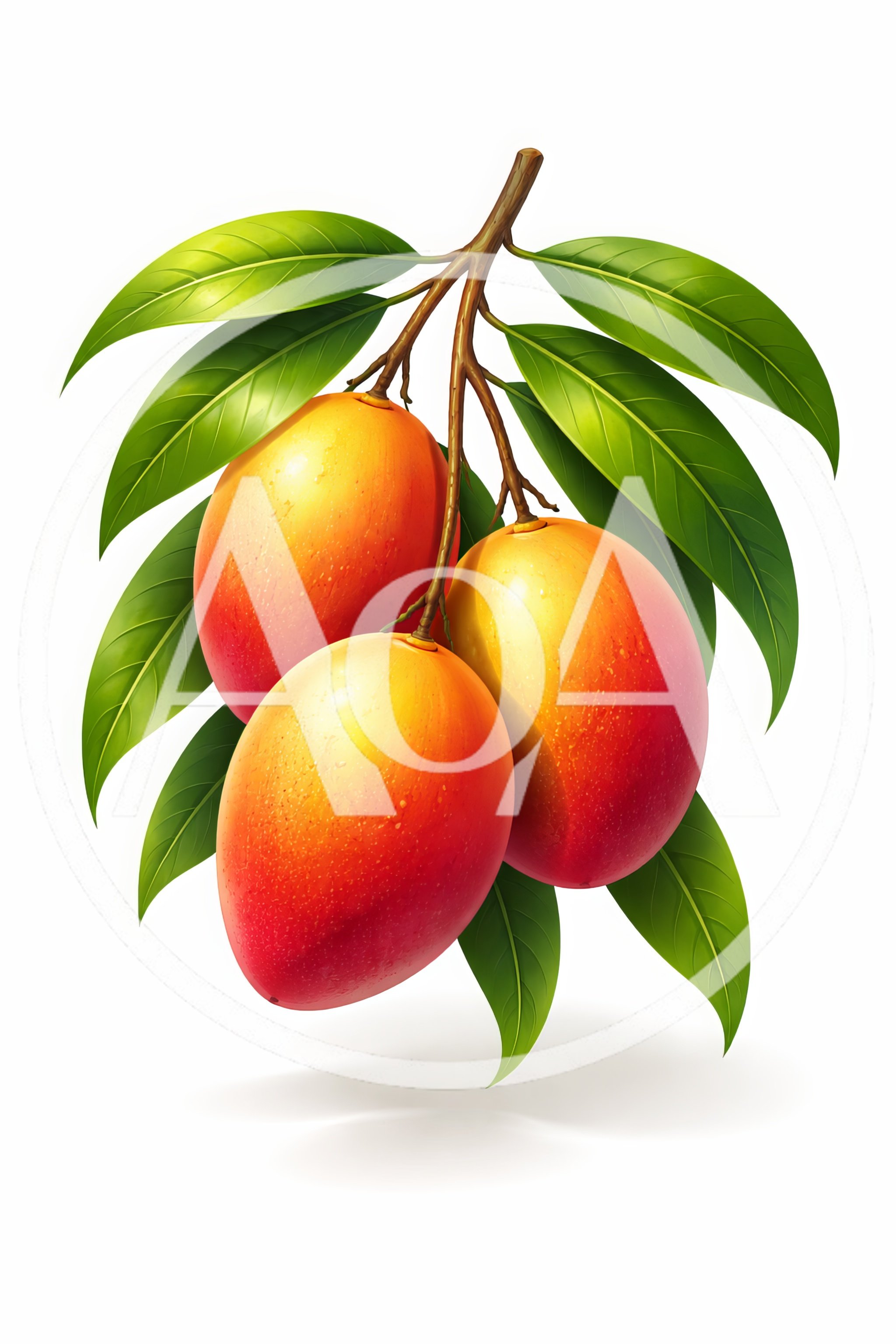 Three Ripe Mangoes Hanging From A Leafy Branch